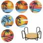 Preview: Coasters, 6 pieces with storage rack, Beach on plastic / cork plate, round rhinestones