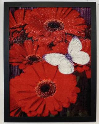 Diamond Painting picture, gerbera with butterfly, square stones, 60x45cm, 45 colors, full image