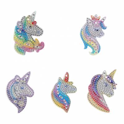 Keyring set, consisting of 5 pendants, motif unicorn, painting set complete with rhinestones