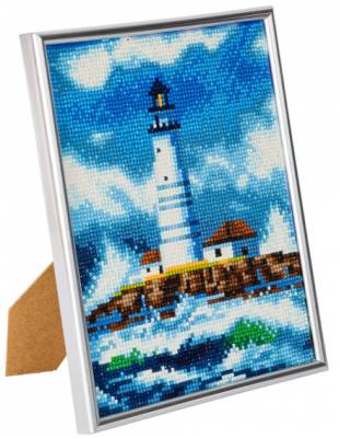 Diamond Painting picture with picture frame, lighthouse, round diamonds, approx. 21x25cm, full picture