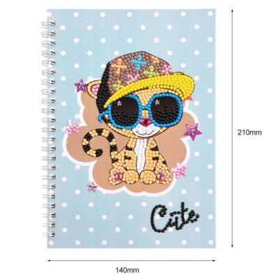 Ring binder block for painting, Tiger with sunglasses, round & special stones, approx. 14x21cm, lined