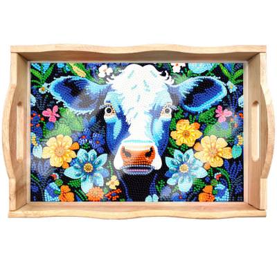 Tray for painting, Cow, approx. 18.3x30cm, painting set complete with round Rhinestone & special stones