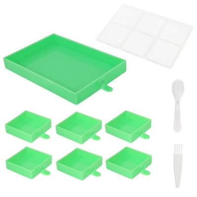 Shuttle set, 7 trays, spoons and brushes, green, for Diamond Painting stones