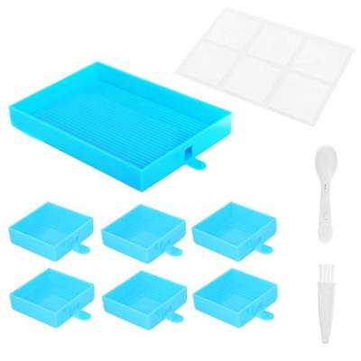 Shuttle set, 7 trays, spoons and brushes, blue, for Diamond Painting stones