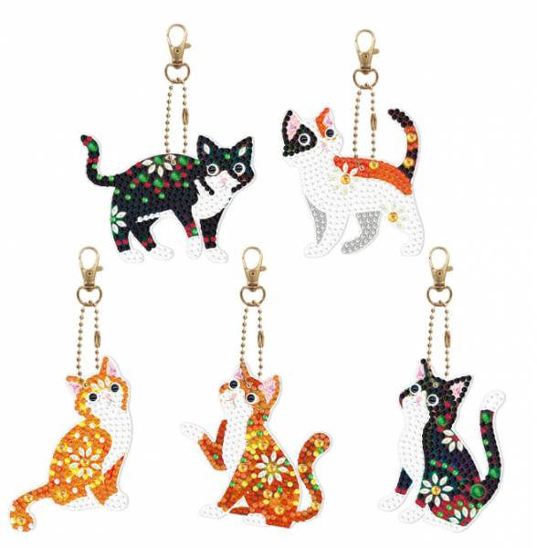 Keyring set, consisting of 5 pendants, motif cats, painting set complete with rhinestones