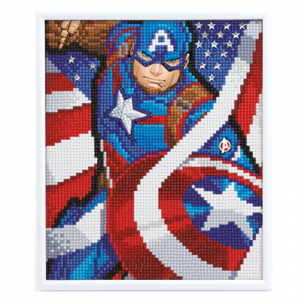 Diamond Painting picture with white picture frame, Captain America, round diamonds, approx. 21x25cm, partial picture