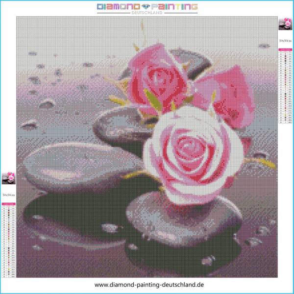 Diamond Painting picture, pink roses with stone, square stones, 50x50cm, 35 colors, full image