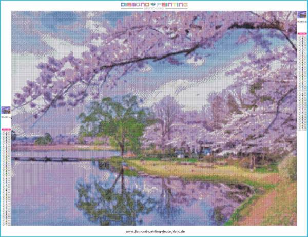Diamond Painting picture, cherry blossoms by the lake, 55 colors, square stones, 80x60cm, full image