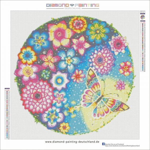 Blumen mit Schmetterling, eckige Steine, 50x50cm,  43 Farben, Vollbild