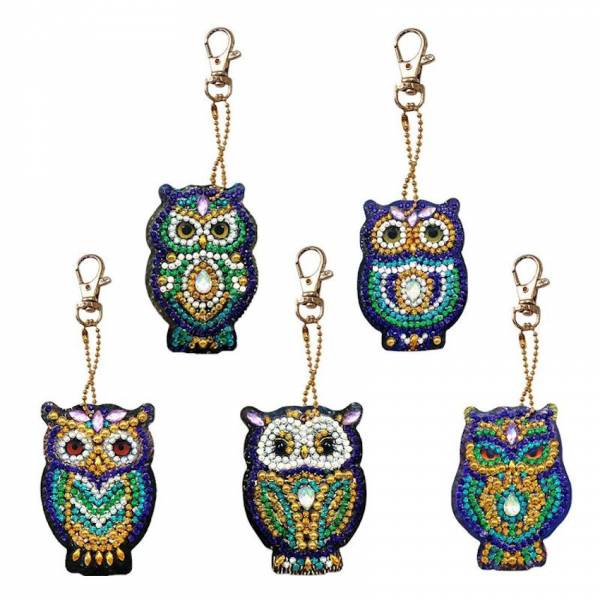 Keyring set, consisting of 5 pendants, motif owl, painting set complete with rhinestones
