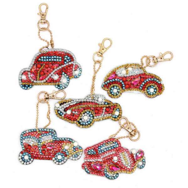Keyring set, consisting of 5 pendants, motif cars, painting set complete