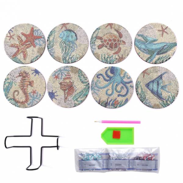 Coasters, 8 pieces with storage rack, sea animals on plastic/cork plate, round rhinestones