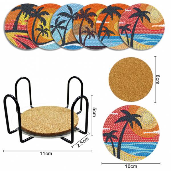 Coasters, 6 pieces with storage rack, Beach on plastic / cork plate, round rhinestones