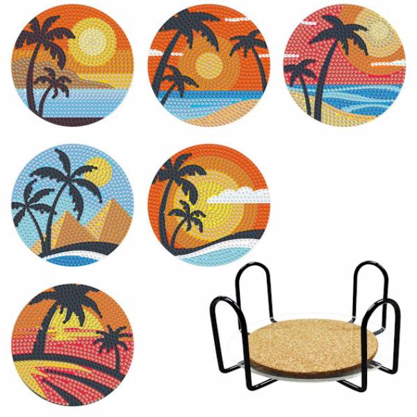 Coasters, 6 pieces with storage rack, Beach on plastic / cork plate, round rhinestones