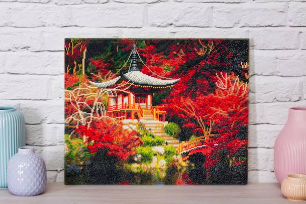Crystal Art Kit, stretched on a wooden stretcher, Japanese Temple, round stones, approx. 50x40cm, full image