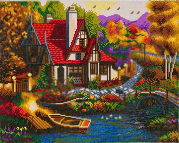 Diamond Painting picture stretched on a wooden stretcher, Riverside Cottage, round diamonds, approx. 50x40cm, full picture