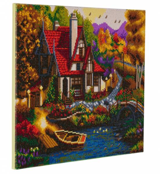 Diamond Painting picture stretched on a wooden stretcher, Riverside Cottage, round diamonds, approx. 50x40cm, full picture