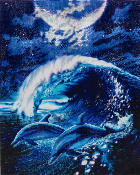 Diamond Painting picture stretched on a wooden stretcher, Moonlight Tryst Dolphins, round diamonds, approx. 50x40cm, full picture