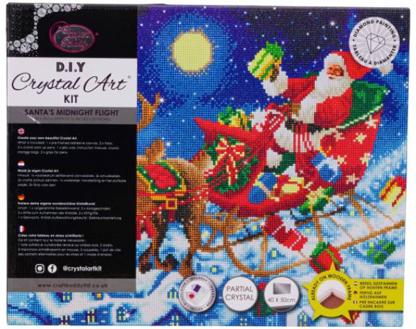 Crystal Art Kit, stretched on a wooden stretcher, Santa`s Midnight Flight, round stones, approx. 50x40cm, partial picture