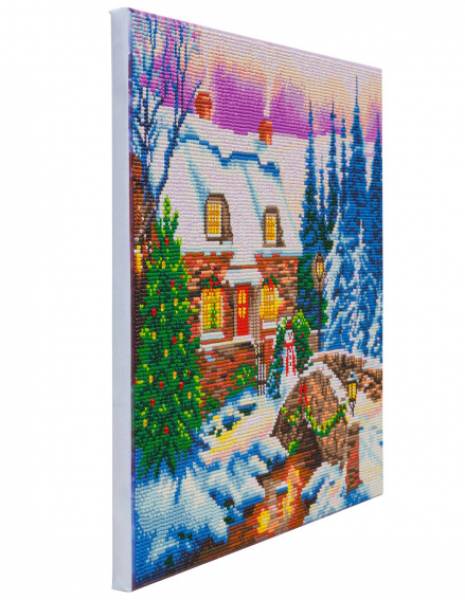 Crystal Art Kit, auf Keilrahmen gespannt, Christmas By the River, runde Steine, ca. 50x40cm, Vollbild