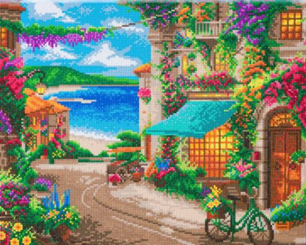 Crystal Art Kit, stretched on a wooden stretcher, Thomas Kinkade, Italian Café, round stones, approx. 50x40cm, full image
