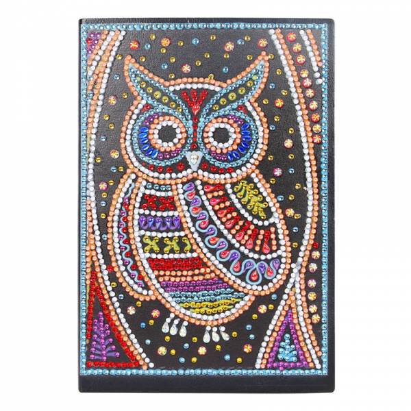 Notebook for painting, owl, colourful, rhinestones, approx. 14x20cm, lined 