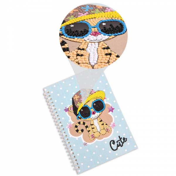 Ring binder block for painting, Tiger with sunglasses, round & special stones, approx. 14x21cm, lined